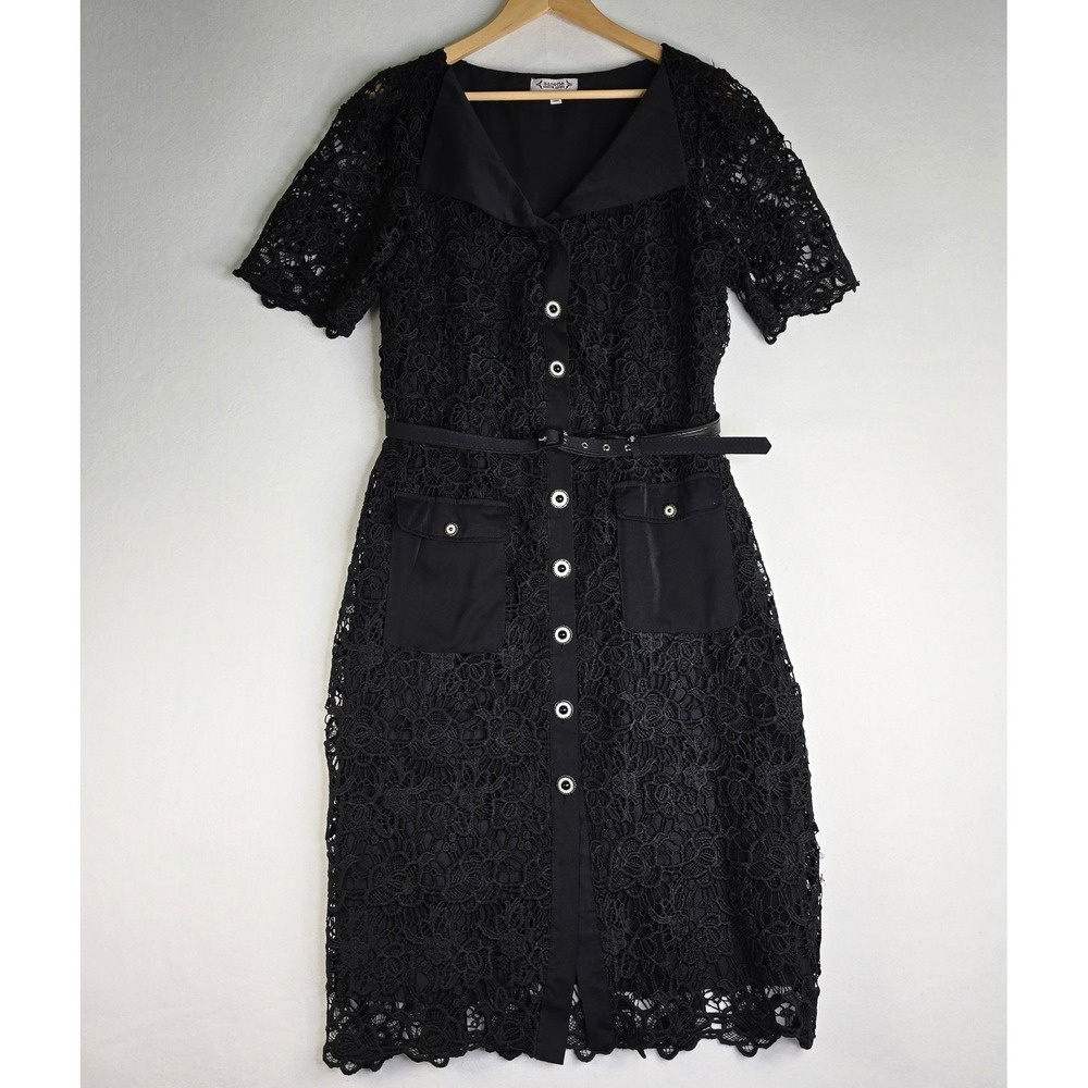 Nanette Nanette Lepore Black Floral Lace Button Front Belted Midi Dress Large